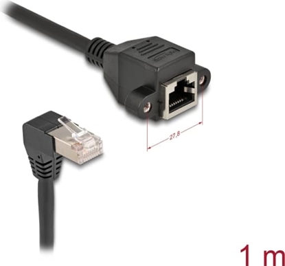 Picture of Delock Network Extension Cable S/FTP RJ45 plug 90° angled to RJ45 built-in jack Cat.6A 1 m black