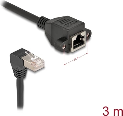 Picture of Delock Network Extension Cable S/FTP RJ45 plug 90° angled to RJ45 built-in jack Cat.6A 3 m black