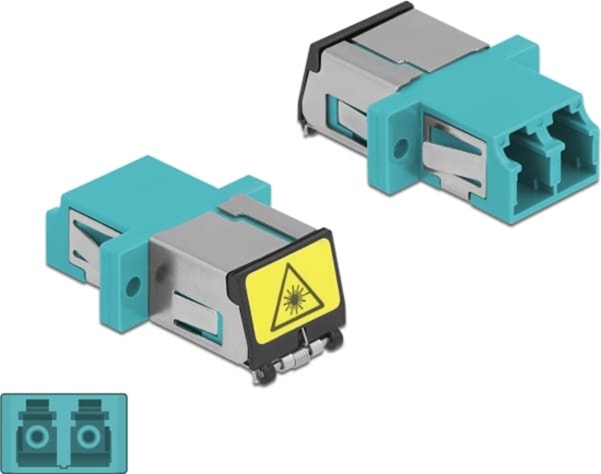 Picture of Delock Optical Fiber Coupler with laser protection flip LC Duplex female to LC Duplex female Multi-mode aqua