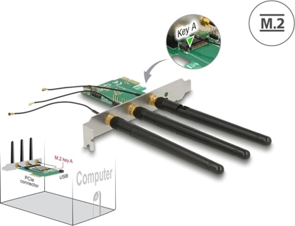 Picture of Delock PCI Express x1 Card > 1 x internal M.2 Key A Slot with 3 external Antennas – Low Profile Form Factor