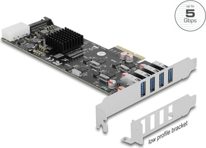 Picture of Delock PCI Express x4 Card to 4 x external SuperSpeed USB 5 Gbps (USB 3.2 Gen 1) USB Type-A female Quad Channel - Low Profile Form Factor