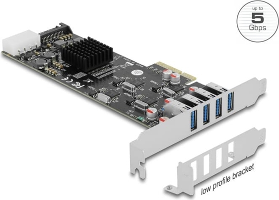 Picture of Delock PCI Express x4 Card to 4 x external SuperSpeed USB 5 Gbps (USB 3.2 Gen 1) USB Type-A female Quad Channel - Low Profile Form Factor