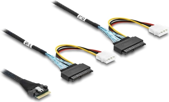 Picture of Delock PCIe 4.0 Cable Slim SAS SFF-8654 8i to 2 x U.2 SFF-8639 female + power connector 0.5 m
