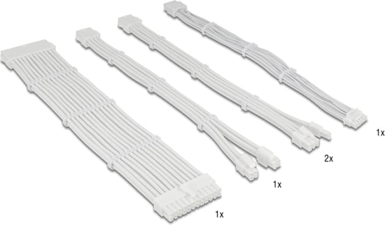 Picture of Delock PSU Extension Cable Set 30 cm 5 pieces sleeved with cable combs (1 x 24 pin ATX, 1 x 12 + 4 pin 12VHPWR PCIe 5.0, 1 x 4 + 4 pin EPS, 2 x 6 + 2 pin PCIe) white