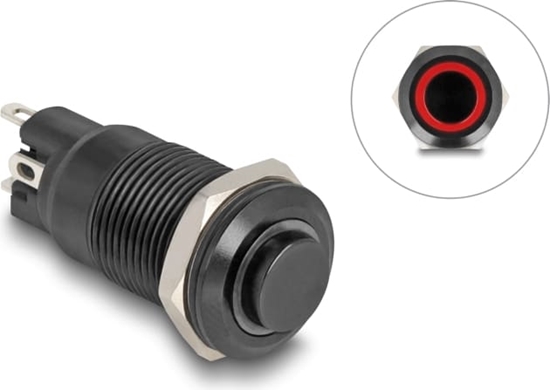 Picture of Delock Push Switch for Installation black 12 mm 12 V 4 x solder connection LED red ring