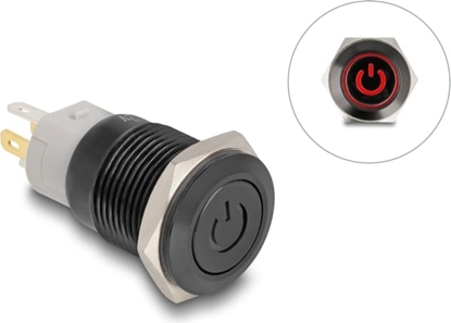 Picture of Delock Push Switch for Installation black 16 mm 12 V 5 x solder connection LED red power symbol + ring