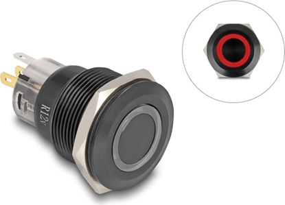Picture of Delock Push Switch for Installation black 22 mm 12 V 5 x solder connection LED red ring