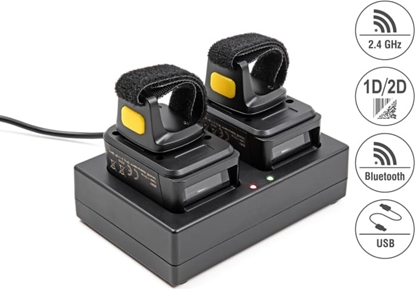 Attēls no Delock Ring Barcode Scanner 1D and 2D with 2.4 GHz or Bluetooth (2 pieces) + Charging Station