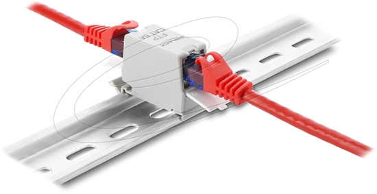 Picture of Delock RJ45 Coupler Cat.6A jack to jack with dust protection cap for DIN rail mounting, shielded grey / white