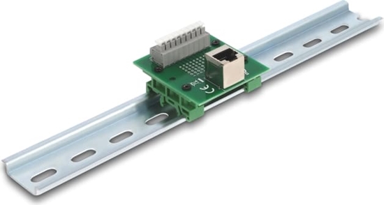 Picture of Delock RJ45 female to Terminal Block with push-button for DIN rail angled