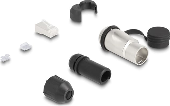 Picture of Delock RJ45 Modular Plug Cat.6A for self-assembly with robust cable plug housing coupler and protective cap suitable for Delock feed-through couplers 67061 and 67062 IP66 dust and waterproof