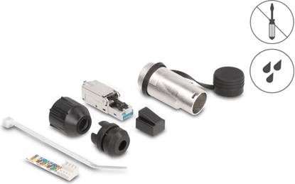 Picture of Delock RJ45 Modular Plug field-assembly Cat.6A with robust cable plug housing and protective cap suitable for the Delock feed-through couplers 67061 and 67062 IP66 dust and waterproof