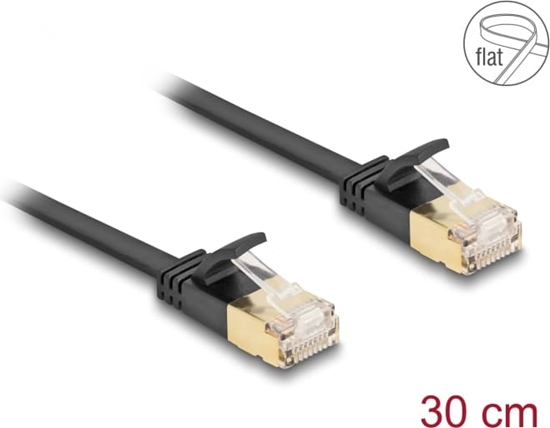 Picture of Delock RJ45 Network Cable Cat.6A plug to plug with robust latch and Cat.7 raw flat cable U/FTP 0.3 m black