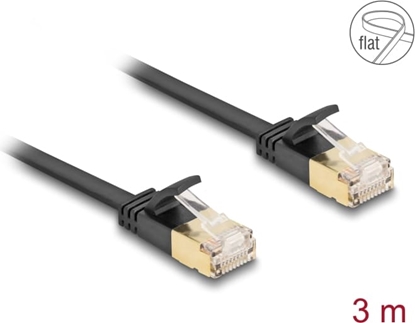 Picture of Delock RJ45 Network Cable Cat.6A plug to plug with robust latch and Cat.7 raw flat cable U/FTP 3 m black