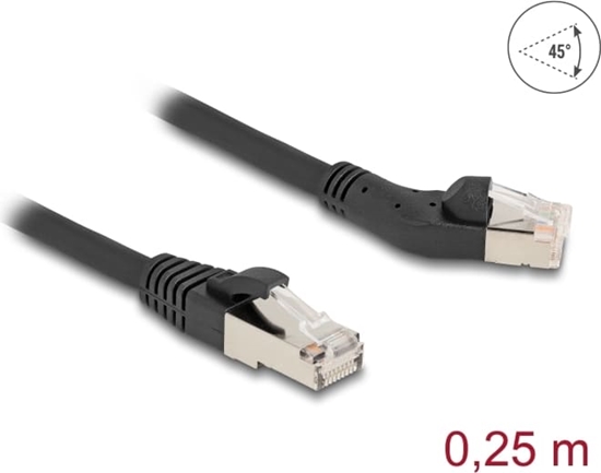 Picture of Delock RJ45 Network Cable Cat.6A S/FTP plug 45° left angled to plug straight 0.25 m black