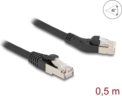 Picture of Delock RJ45 Network Cable Cat.6A S/FTP plug 45° left angled to plug straight 0.5 m black