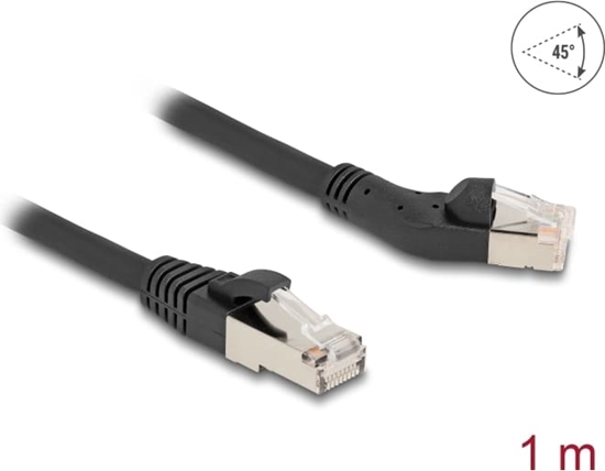 Picture of Delock RJ45 Network Cable Cat.6A S/FTP plug 45° left angled to plug straight 1 m black