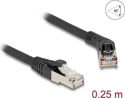 Picture of Delock RJ45 Network Cable Cat.6A S/FTP plug 45° right angled to plug straight 0.25 m black