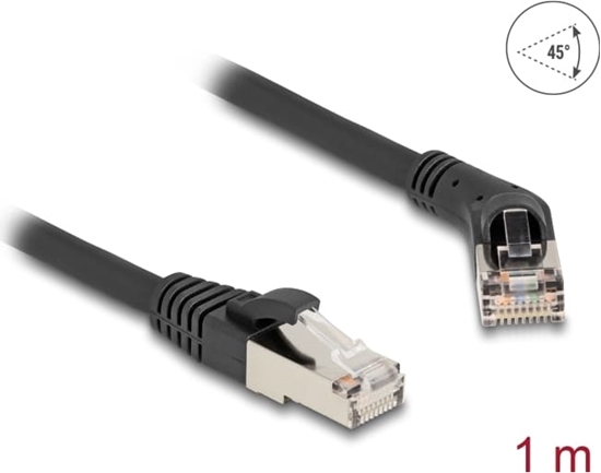 Picture of Delock RJ45 Network Cable Cat.6A S/FTP plug 45° right angled to plug straight 1 m black