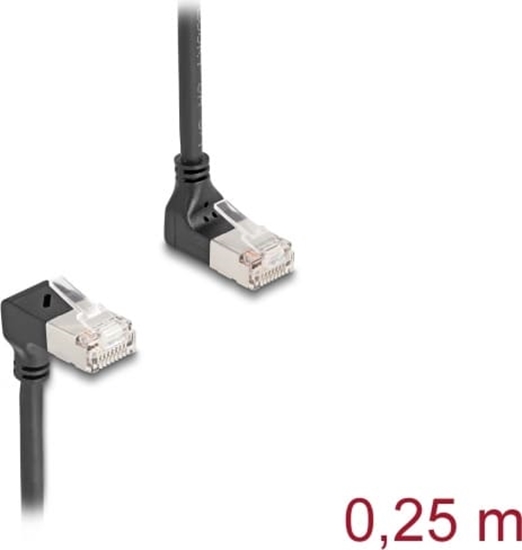 Picture of Delock RJ45 Network Cable Cat.6A S/FTP Slim 90° upwards / downwards angled 0.25 m black