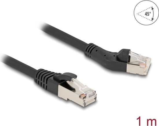 Picture of Delock RJ45 Network Cable Cat.8.1 S/FTP plug 45° left angled to plug straight up to 40 Gbps 1 m black