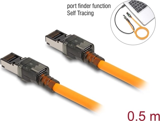 Picture of Delock RJ45 Network Cable with USB Type-C™ port finder function Self Tracing Cat.6A S/FTP 0.5 m orange