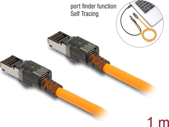 Picture of Delock RJ45 Network Cable with USB Type-C™ port finder function Self Tracing Cat.6A S/FTP 1 m orange