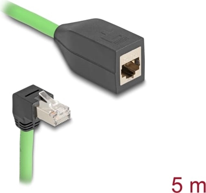 Picture of Delock RJ45 Network Extension Cable Cat.6A plug downwards angled to jack SF/UTP suitable for drag chains PUR (TPU) 5 m green