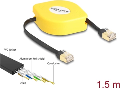 Picture of Delock RJ45 Retractable Cable Cat.6A STP 1.5 m black / yellow