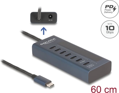 Attēls no Delock USB 10 Gbps Hub with 7 USB Type-C™ Ports thereof 6 x Data Port + 1 x Data and PD 20 Watt with power indicator