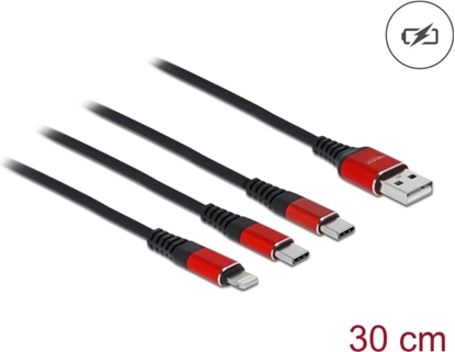 Attēls no Delock USB Charging Cable 3 in 1 Type-A to Lightning™ / 2 x USB Type-C™ 30 cm black / red