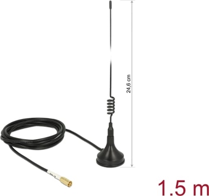 Attēls no Delock WLAN 802.11 b/g/n Antenna SMB plug 2 dBi fixed omnidirectional with magnetic base and connection cable RG-174 1.5 m outdoor black