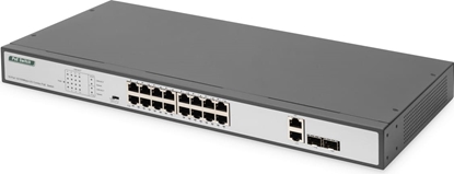 Attēls no Digitus 16-Port Fast Ethernet PoE Networkswitch, 19 Zoll, unmanaged,2 Uplink Ports, SFP, 250 W, af/at