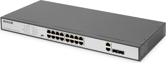 Picture of Digitus 16-Port Fast Ethernet PoE Networkswitch, 19 Zoll, unmanaged,2 Uplink Ports, SFP, 250 W, af/at