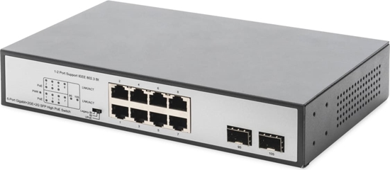 Picture of Digitus 8-Port Gigabit PoE Networkswitch, Desktop, unmanaged, 2 Uplink Ports, SFP, 180 W, af/at/bt