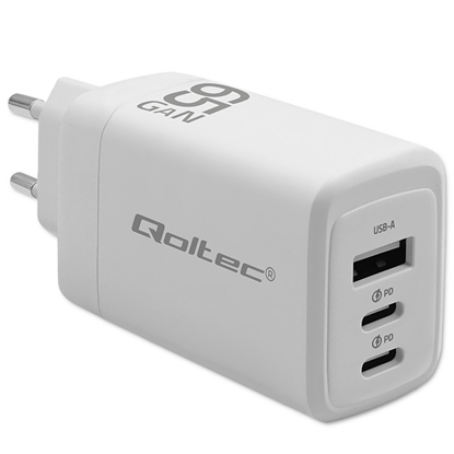 Attēls no GaN 65W lādētājs | 5–20V | 3–3.35A | 2 x USB-C PD | 1 x USB QC 3.0 | Qoltec