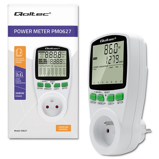 Picture of Kontaktligzdas elektroenerģijas skaitītājs ar patēriņa vēstures funkciju | 3680W | 16A | Liels LCD