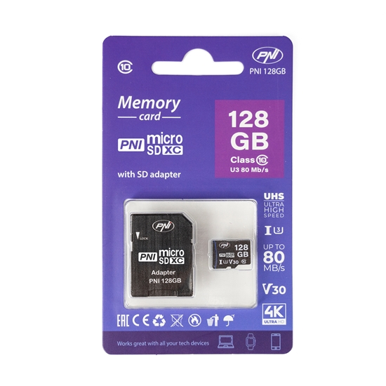 Picture of MicroSDXC 128GB atmiņas karte ar SD adapteri, 10. klase, 80 Mb/s, V30 | SDXC | UHS Speed Class 3