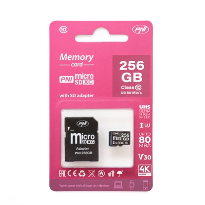 Picture of MicroSDXC 256GB atmiņas karte ar SD adapteri, 10. klase, 80 Mb/s, V30 | SDXC | UHS Speed Class 3