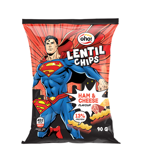 Изображение Oho Lēcu čipsi ar šķiņķa un siera garšu SUPERMAN 90g