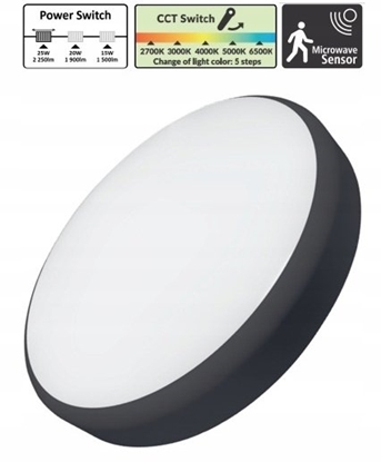 Attēls no Oprawa LED PlafonieraKAMA 25W/20W/15W 2250LM/1900LM/1500LM 5 CCT IP44 z czujnikiem MW CZARNA