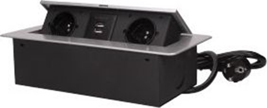 Picture of Orno Gniazdo meblowe wpuszczane w blat z paskim frezowanym rantem, adowark USB i przewodem 1,5m, 2x2P+Z, 2xUSB, srebrne