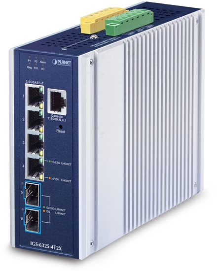 Picture of Switch Planet PLANET IP30 Industrial L3 4-Port Zarzdzany 2.5G Ethernet (100/1000/2500) Aluminium, Niebieski
