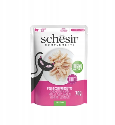 Изображение Schesir Complements, karma mokra, dla kotów, kurczak z szynk w galarecie, 70 g, saszetka