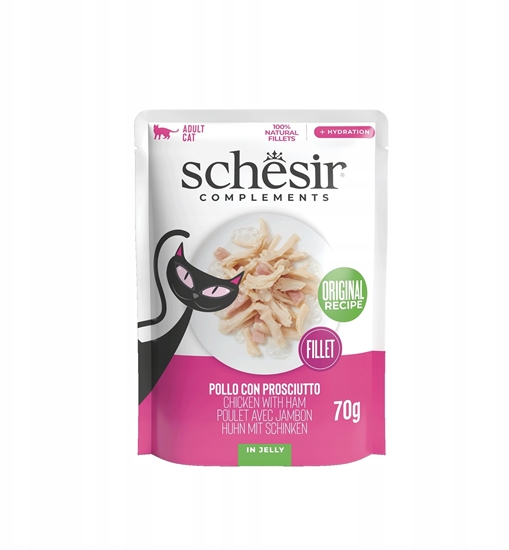 Изображение Schesir Complements, karma mokra, dla kotów, kurczak z szynk w galarecie, 70 g, saszetka