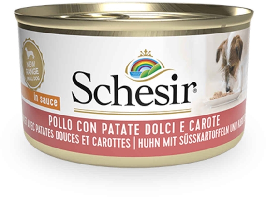 Изображение Schesir Karma mokra, dla psa, kurczak z batatami i marchewk w sosie, 85 g, puszka