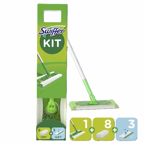 Изображение Swiffer Sweeper Starter Kit slota ar 11 salvetēm (sausas 8 gab + mitras 3 gab)