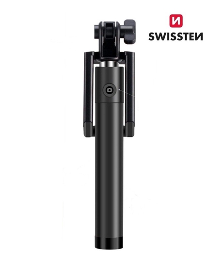 Изображение Swissten Wired Selfie Stick 81cm ar iebūvētu pogu statīvā Melns(Boj.iepak)