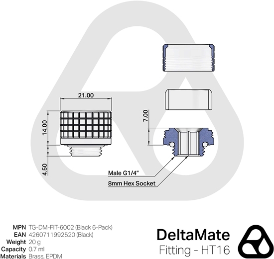 Picture of Thermal Grizzly DeltaMate Fitting - HT16 Black (6-Pack)
