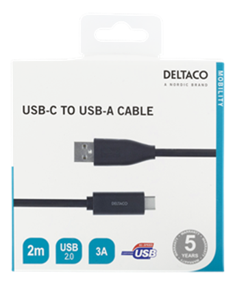 Изображение USB-C uz USB-A kabelis, 2m, 3A, USB 2.0, melns DELTACO / USBC-1006M